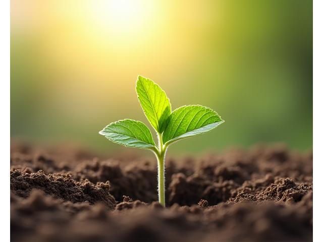 Un plant vert vibrant et sain poussant à travers un sol fissuré, symbolisant la croissance et la résilience environnementaires.