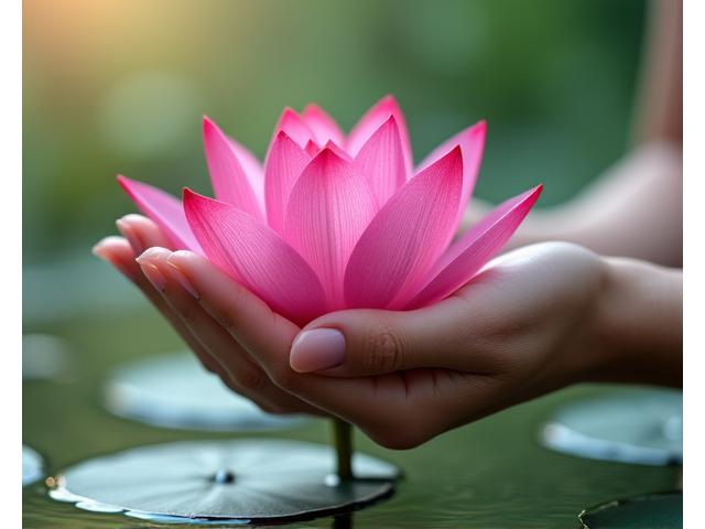 Une main féminine délicatement posée au-dessus d'une fleur de lotus en fleur sur une surface d'eau calme, symbolisant la sérénité et la croissance.