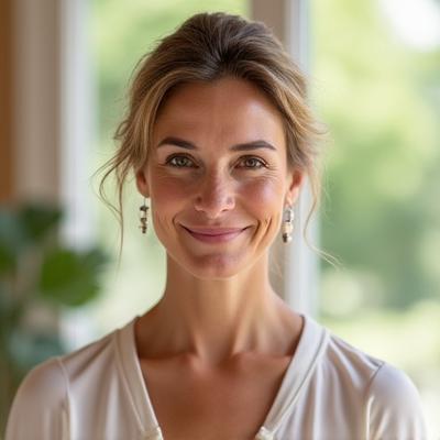 Portrait chaleureux d'Élodie Duval, fondatrice de Lotus Lumière et experte en yoga thérapeutique.