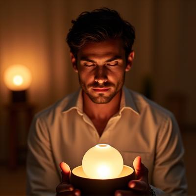 Portrait souriant de Marc Laurent, expert en sound healing et aromathérapie, avec un bol chantant en cristal.