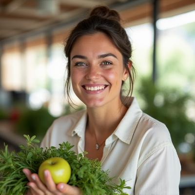 Portrait engageant de Sophie Martin, nutritionniste holistique, tenant une pomme fraîche.
