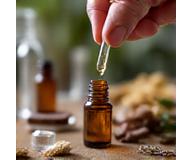 Main tenant une petite bouteille d'huile essentielle avec un fond flou d'herbes aromatiques.
