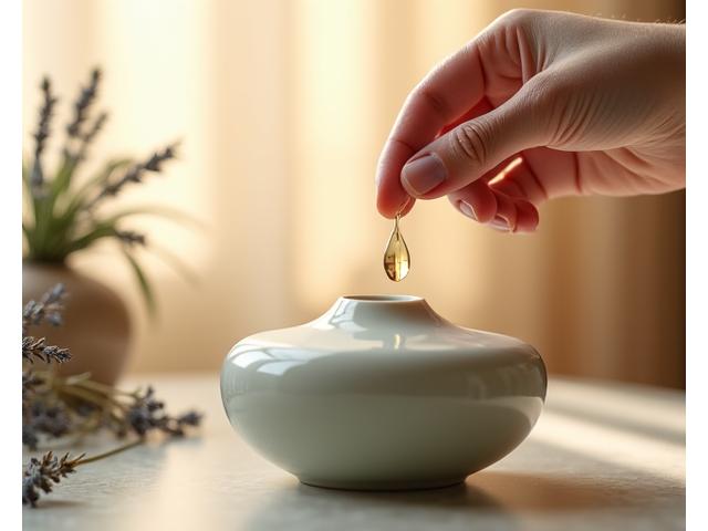 Une main dépose délicatement une goutte d'huile essentielle sur un diffuseur en bois, avec de la vapeur aromatique s'élevant, dans un environnement doux et naturel.