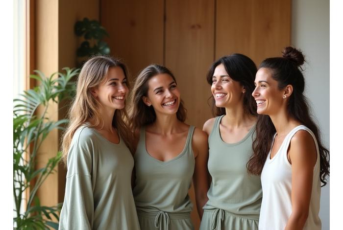 Équipe souriante de Lotus Lumière accueillant les visiteurs dans un espace lumineux et serein du studio de yoga à Paris