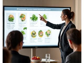 Une nutritionniste animant une conférence sur l'alimentation saine pour des professionnels