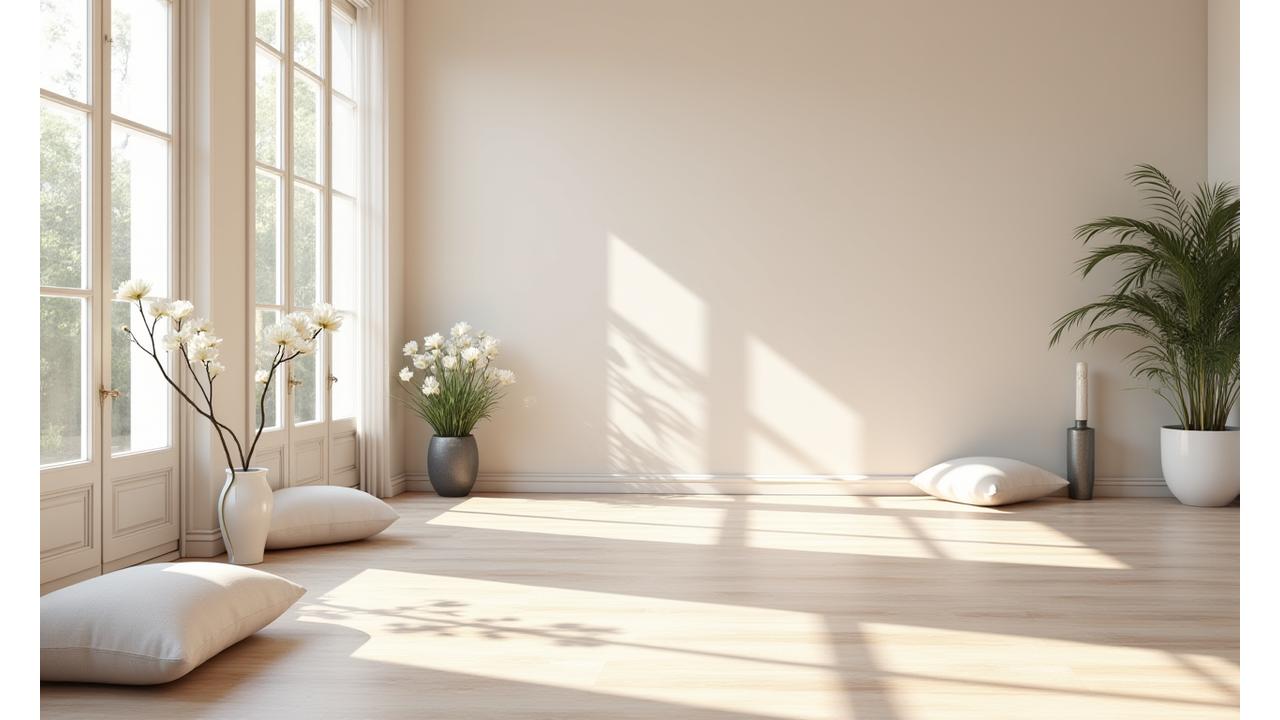 Vue sereine d'un studio de yoga parisien avec des bougies et des plantes, diffusant une ambiance de calme et de bien-être.
