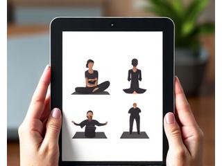 Mockup d'un guide PDF sur les postures de yoga pour déstresser au bureau.