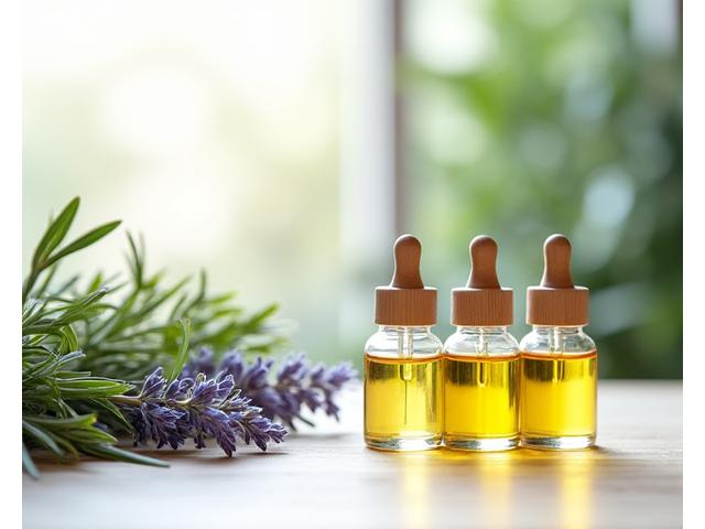 Flacons d'huiles essentielles colorées sur une table en bois clair, avec des plantes aromatiques fraîches.