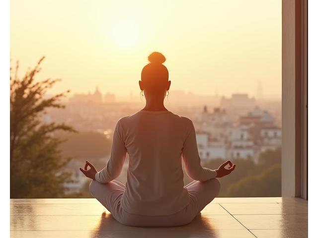 Personne assise en position de méditation, les yeux fermés, dans un cadre minimaliste et lumineux.
