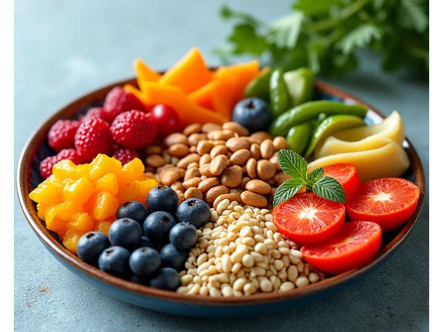 Assiette colorée de fruits frais, légumes et graines, symbolisant une alimentation saine et équilibrée.