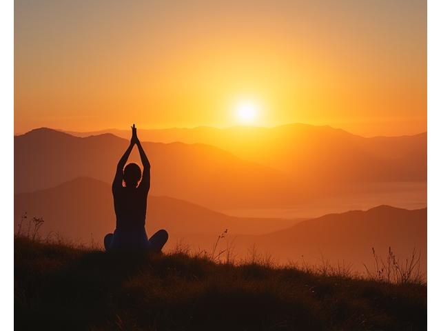 Vue panoramique d'un paysage montagneux avec une silhouette pratiquant le yoga au lever du soleil.