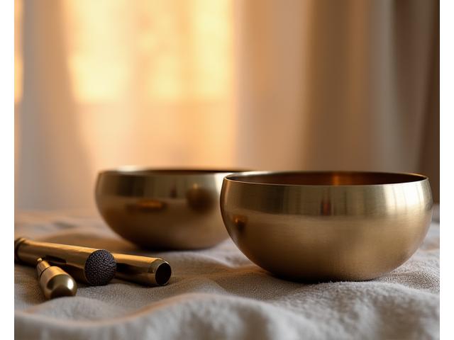 Bols tibétains et diapasons posés sur un tissu doux, avec une lumière diffuse évoquant les vibrations sonores.