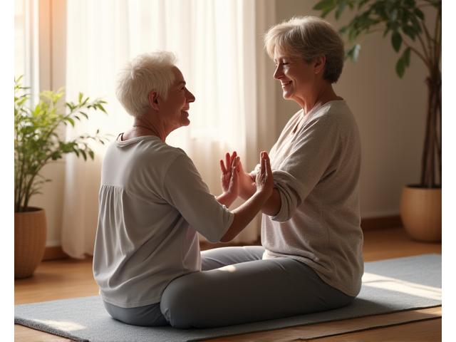 Personne âgée pratiquant un yoga doux assisté, dans un environnement calme et thérapeutique, montrant le soutien et la sécurité.