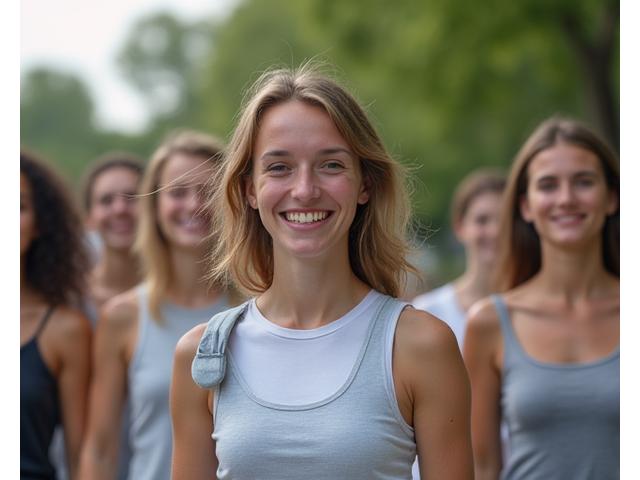 Groupe de jeunes adultes participant à un atelier de méditation ludique en plein air, souriants et engagés.