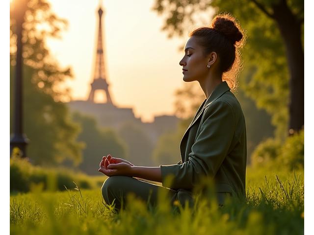 Personne méditant tranquillement à Paris avec la Tour Eiffel en arrière-plan floue, ambiance calme et sereine.