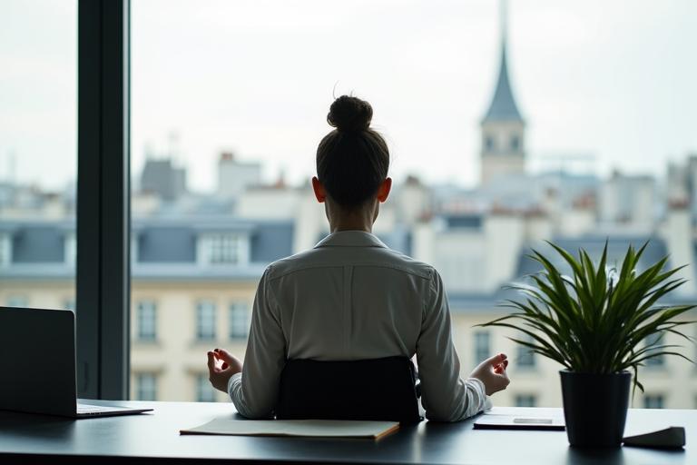 Personne méditant brièvement lors d'une pause déjeuner dans un bureau moderne et lumineux de Paris.