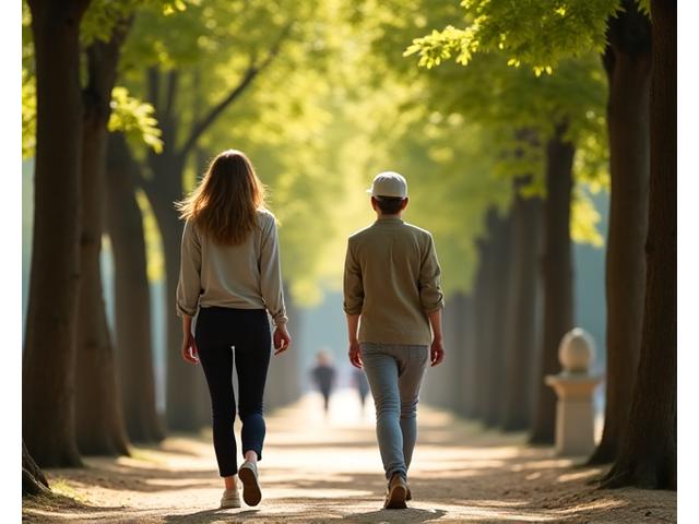 Personne marchant tranquillement dans un parc parisien, entourée de verdure, pratiquant la méditation en mouvement.