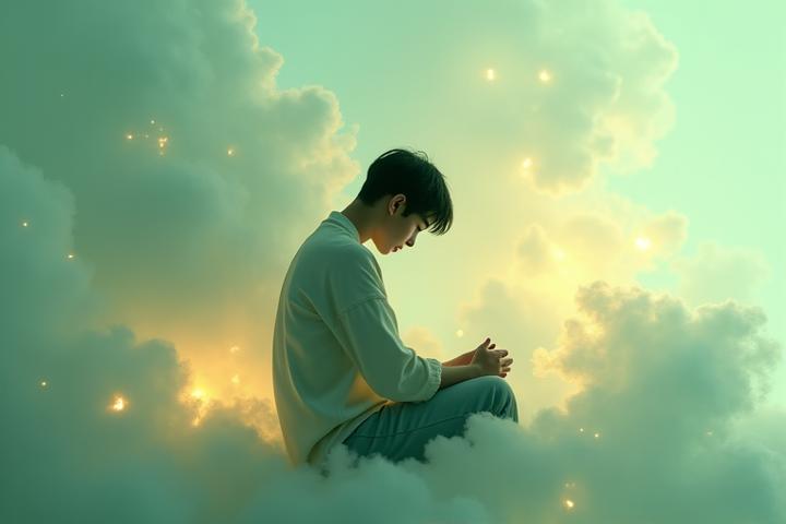 Jeune adulte isolé, la tête dans les mains, entouré de pensées abstraites mais colorées, symbolisant le soutien et l'espoir malgré l'anxiété.