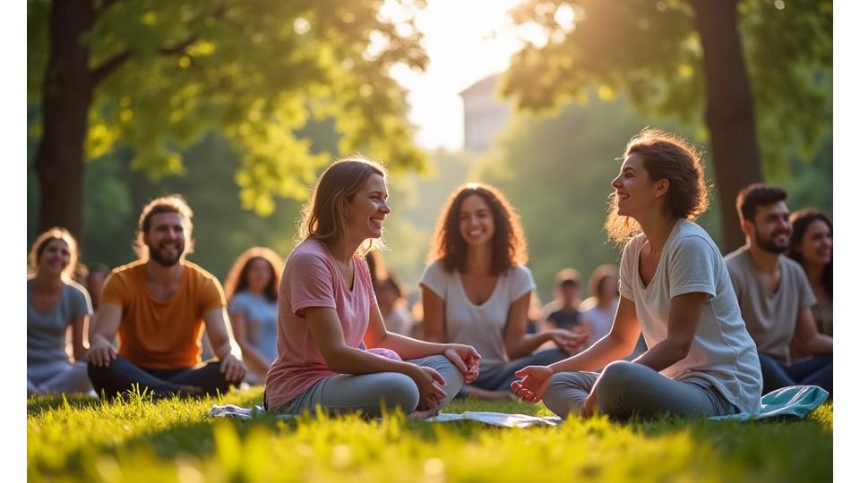 Jeunes adultes souriants et engagés dans une activité de groupe en plein air, pratiquant la méditation ou le yoga dans un parc parisien lors d'un événement communautaire.