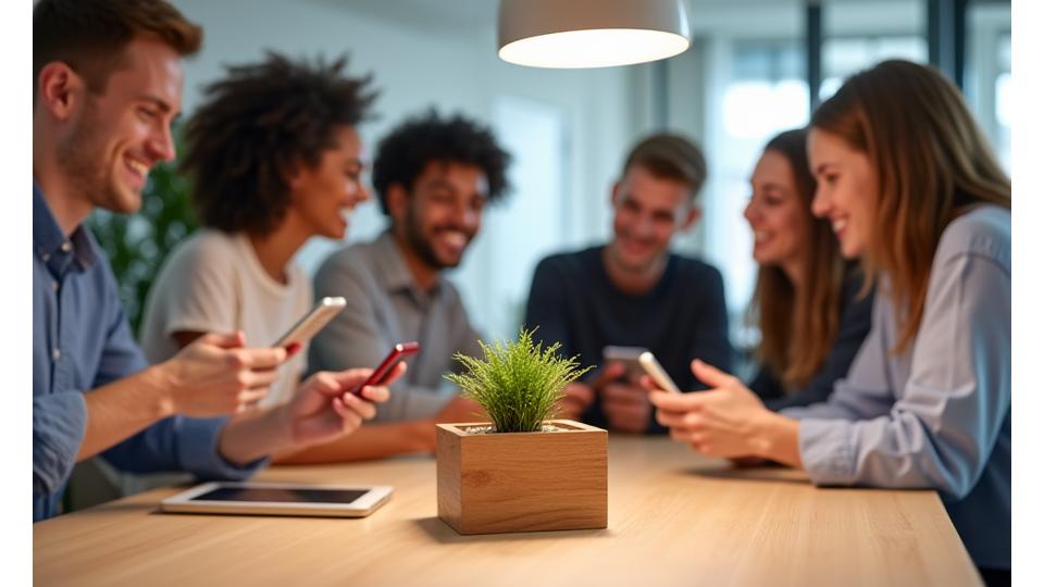 Groupe de jeunes souriants participant à un atelier de digital detox, posant leurs smartphones dans une boîte en bois décorée de plantes.