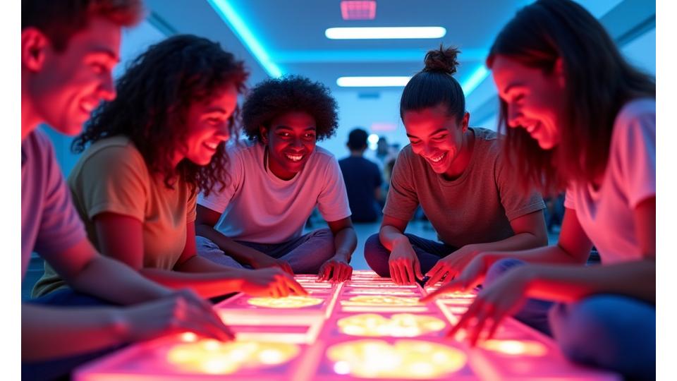 Groupe de jeunes riant et collaborant lors d'un 'escape game mindfulness' ludique et engagant, avec des décors stylisés et des objets de pleine conscience.