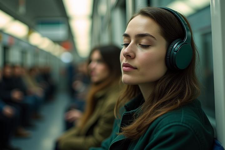 Jeune femme parisienne méditant calmement dans le métro, casque audio sur les oreilles, créant une bulle de sérénité au milieu de l'agitation, avec une lumière douce.