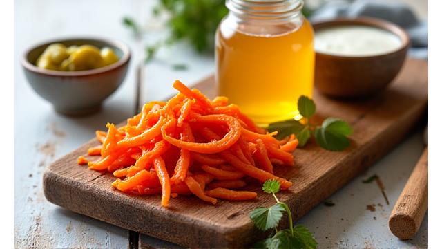 Gros plan sur des aliments fermentés comme le kimchi, les cornichons, le kéfir et le kombucha, mis en valeur par une lumière naturelle, évoquant la santé digestive et l'immunité.