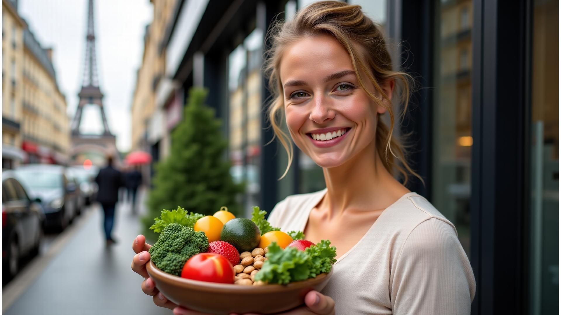 Jeune femme parisienne souriante, pleine de vitalité, tenant un bol coloré de fruits frais et de légumes, avec la Tour Eiffel en arrière-plan flou.