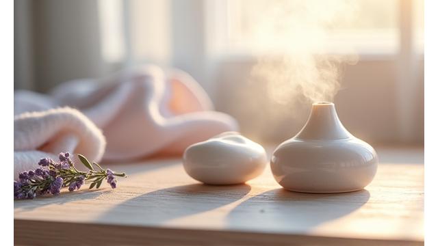 Une ambiance douce et équilibrée avec des plantes apaisantes, des bougies et un infuser d'huiles essentielles, symbolisant l'équilibre hormonal féminin.
