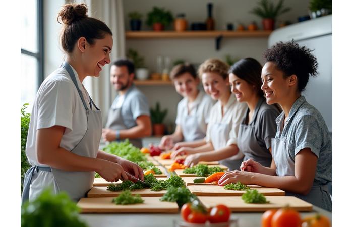 Un chef souriant enseignant un atelier de cuisine saine, avec des participants attentifs préparant des repas frais et colorés pour la semaine. L'ambiance est conviviale et éducative.