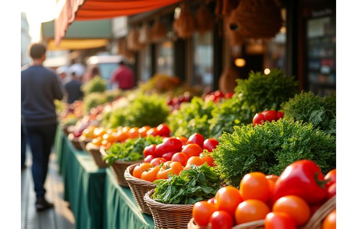 Un étal de marché parisien abondant de légumes frais biologiques, colorés et variés, avec des paniers en osier et une ambiance naturelle et lumineuse.