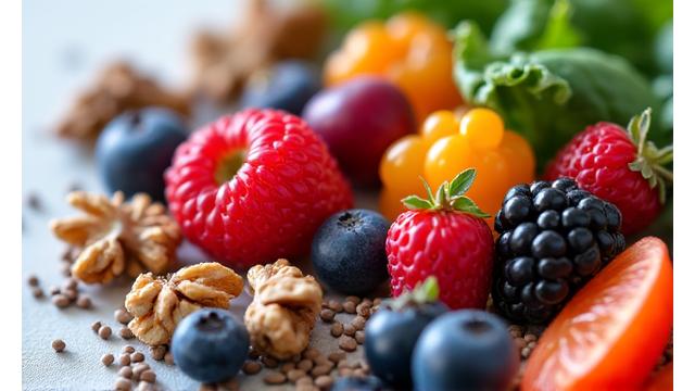 Assortiment coloré de superaliments frais, baies, noix et légumes verts, présenté de manière artistique pour évoquer l'énergie et la vitalité.