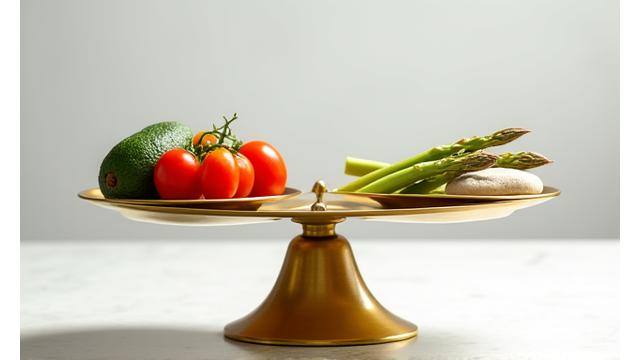 Une balance de cuisine tenant des légumes d'un côté et de petits poids de l'autre, symbolisant une approche équilibrée et bienveillante de la gestion du poids.