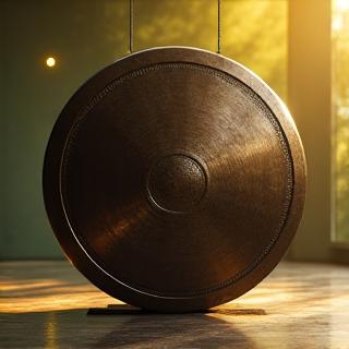 Un grand gong de méditation en bronze, avec un maillet posé délicatement.