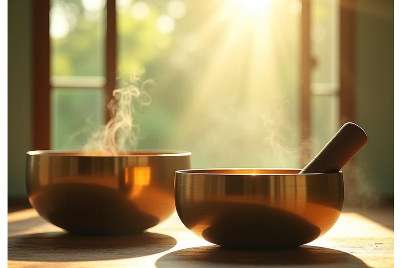 Une composition sereine de gongs et de bols tibétains chantants, prêts pour une séance de sound healing à Paris.