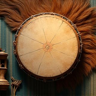 Un tambour chamanique orné de motifs spirituels, posé sur une peau de mouton.