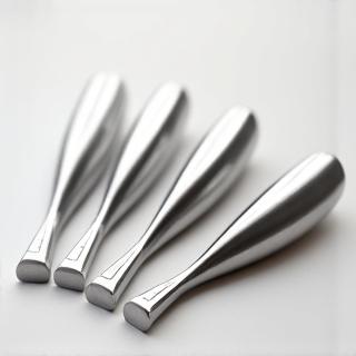 Plusieurs diapasons thérapeutiques de tailles variées, alignés sur une surface lisse.