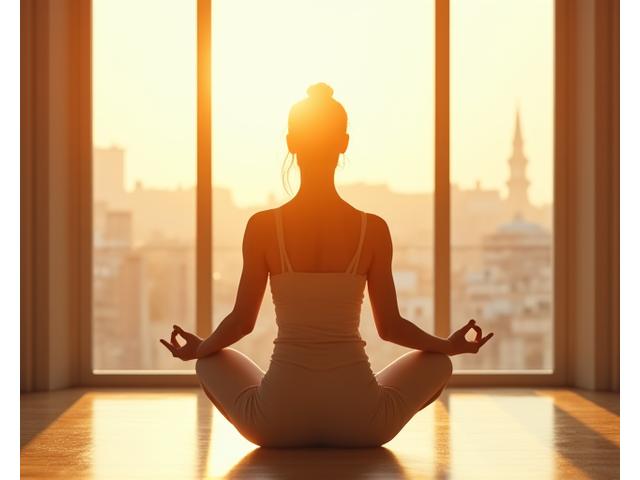 Image d'une étudiante de dos dans une posture de yoga, baignée de lumière naturelle, symbolisant la transformation et l'atteinte d'un niveau supérieur.