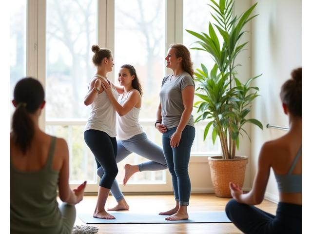 Image d'une étudiante en formation de yoga enseignant à un petit groupe, sous la supervision bienveillante d'un formateur.