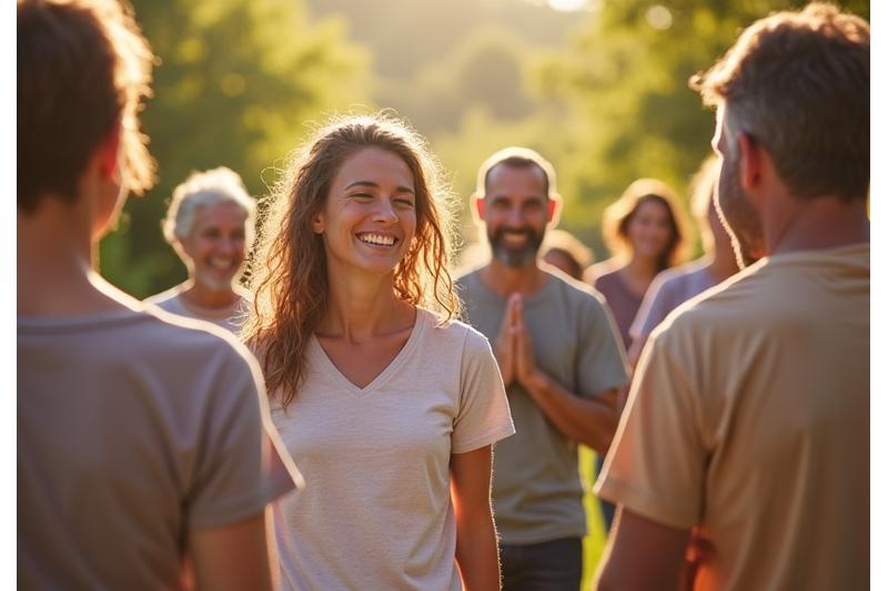 Groupe de personnes souriantes participant à une activité de bien-être en plein air, symbolisant une retraite sur-mesure réussie et la cohésion.