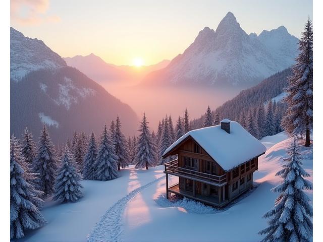 Chalet en bois niché dans les Alpes enneigées au lever du soleil, évoquant une élévation spirituelle et une connexion à la nature purifiante.