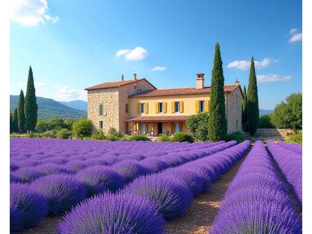 Mas provençal entouré de champs de lavande sous un ciel bleu, capture de l'essence d'une retraite de yoga en Provence.
