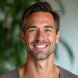 Portrait de Julien Mercier, enseignant de yoga Vinyasa et restauratif, rayonnant de calme et de force.