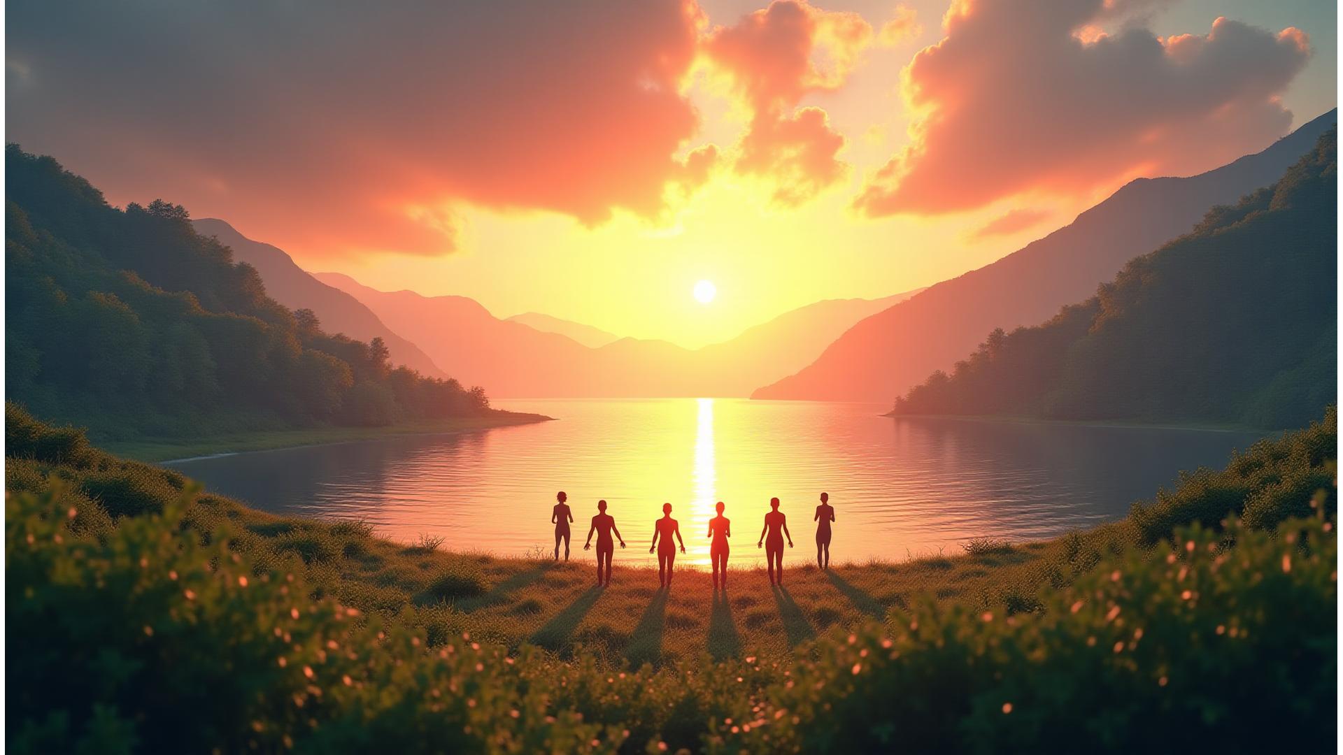 Vue panoramique d'un paysage serein au lever du soleil avec des personnes pratiquant le yoga en plein air, symbolisant la transformation et la paix intérieure d'une retraite bien-être. Coucher de soleil sur un lac calme.