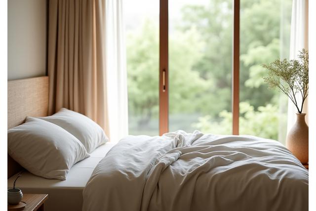 Vue apaisante d'une chambre d'hôtel zen avec un lit impeccable et une lumière naturelle, symbolisant l'accueil chaleureux d'une retraite de bien-être.