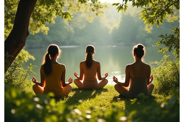 Groupe de personnes pratiquant la méditation de pleine conscience dans un jardin luxuriant, illustrant l'approfondissement des pratiques durant une retraite.