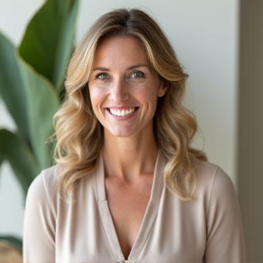 Portrait d'Anne Dubois, thérapeute en yoga, souriante et rassurante, dans un cadre serein.