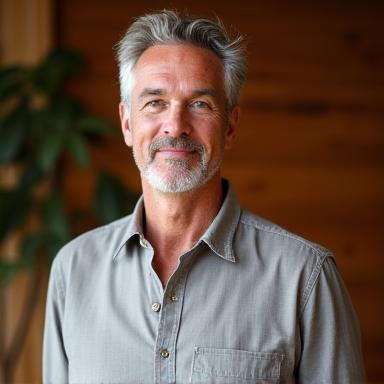 Portrait de Marc Lefevre, expert en yoga médical, inspirant confiance et sagesse.
